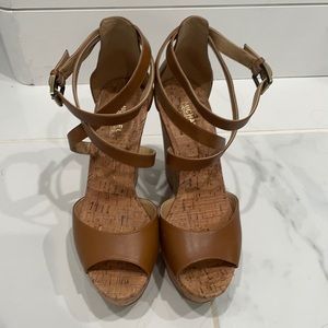 Michael Kors tan leather cork wedges